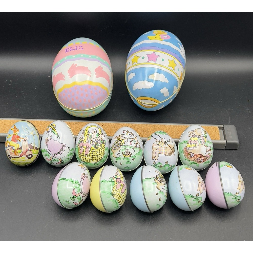 13‎ Decorated Metal Tin Easter Egg Candy Rabbit Goose Switzerland Lynn Gates